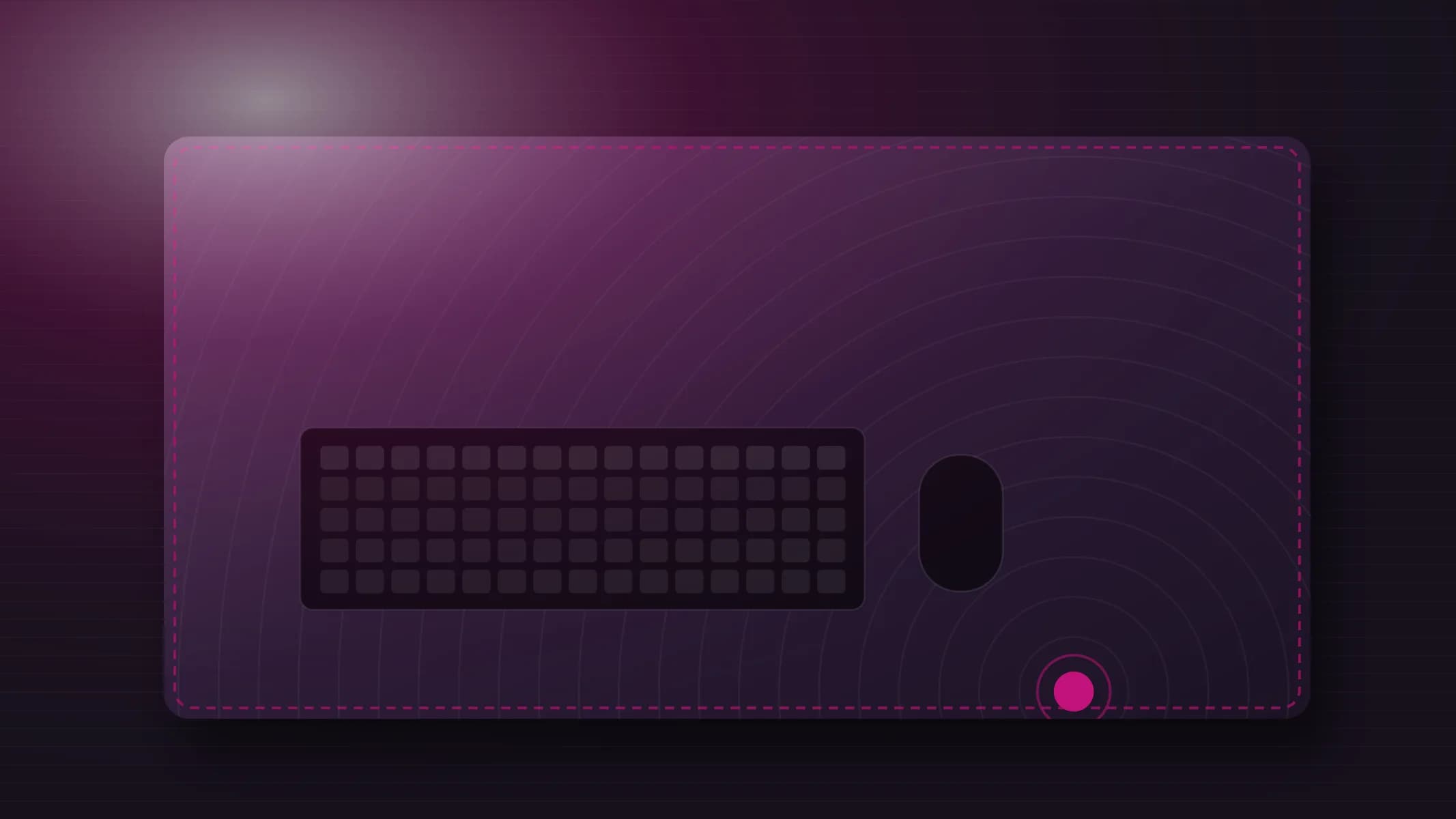 Gaming desk with a printed desk mat, keyboard, mouse and tabletop accessories